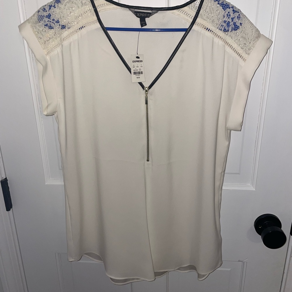 Express Women's White and Blue Lace Top